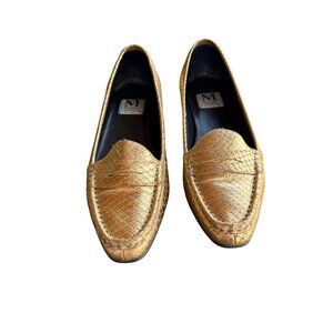 Gold Snake-Embossed Loafers By Marc Alpert Womens Size 9M Slip-On Flats Leather